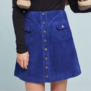 Anthropologie 100% Leather Button Down Mini Skirt Royal Blue Boho Small Size 2